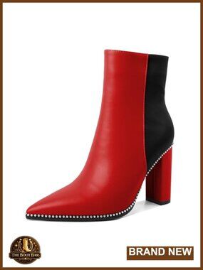 Pointed Toe Beaded Chunky Ankle Boots Side Zipper